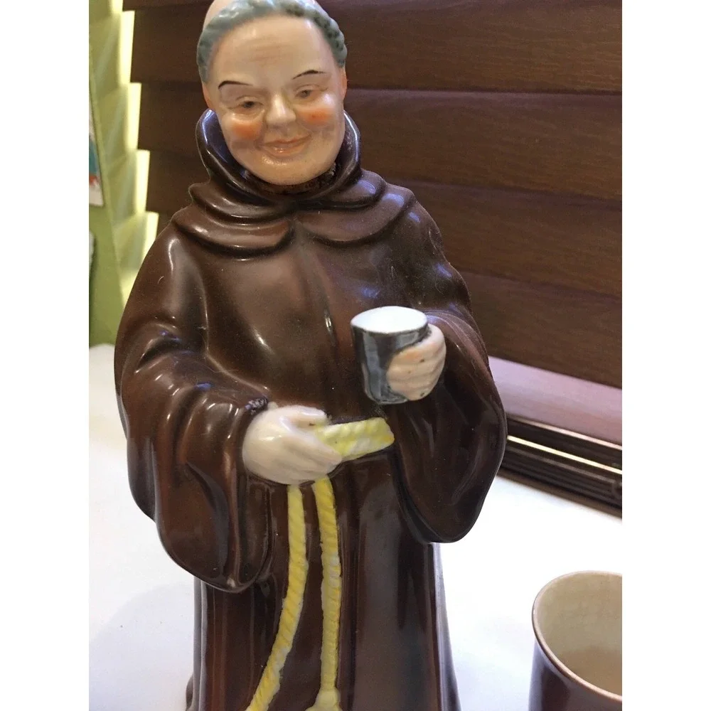Antique 1940s Monk Wine Decanter Set Ceramic With 6 Cups Japan MCM Barware Brown